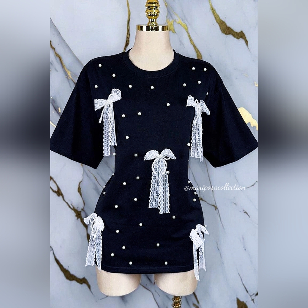 Black T-Shirt with White Lace Bows and Pearls